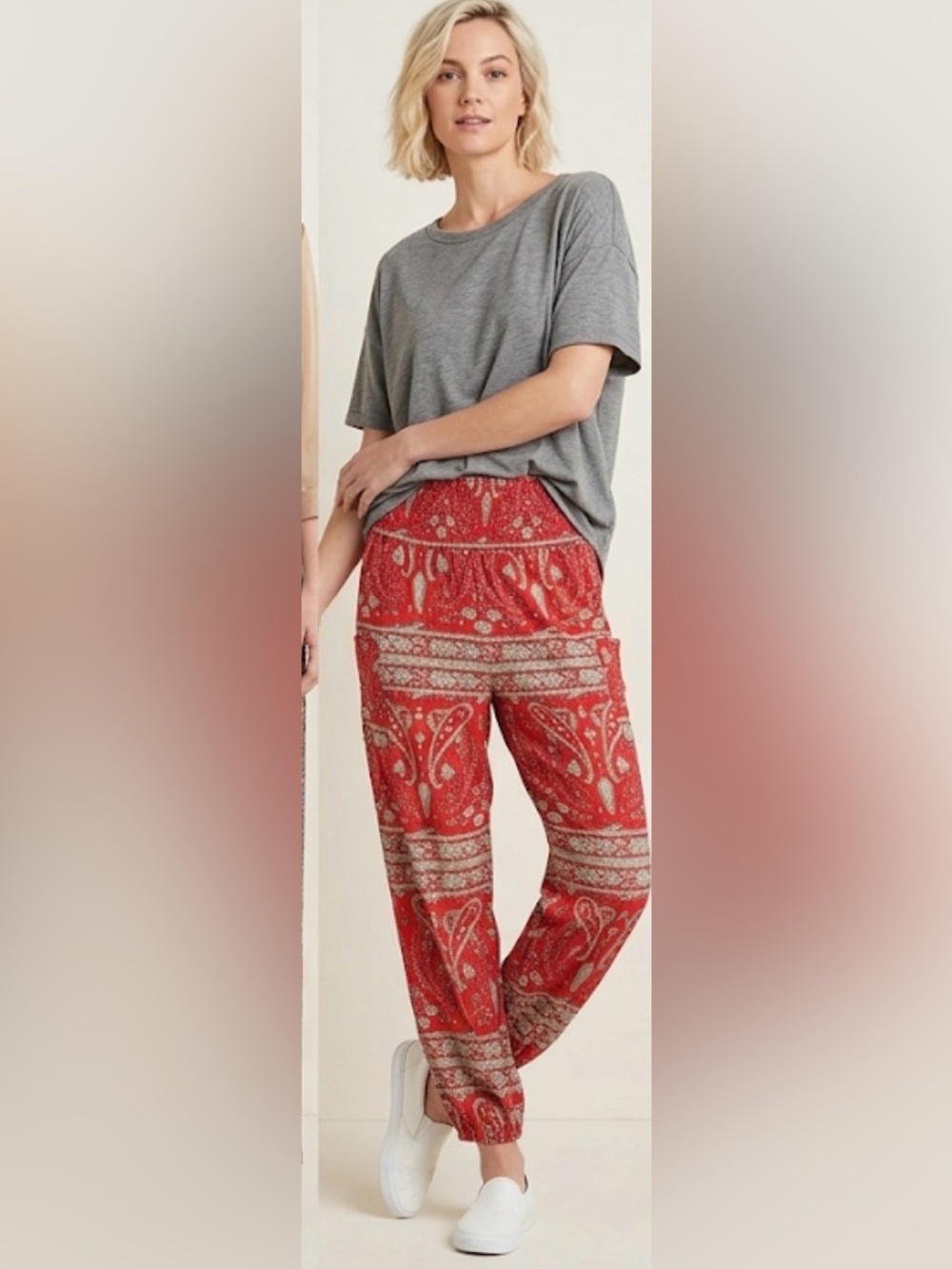 Qianxizhan boho Red Paisley Strapless Jogger size medium pants NWOT